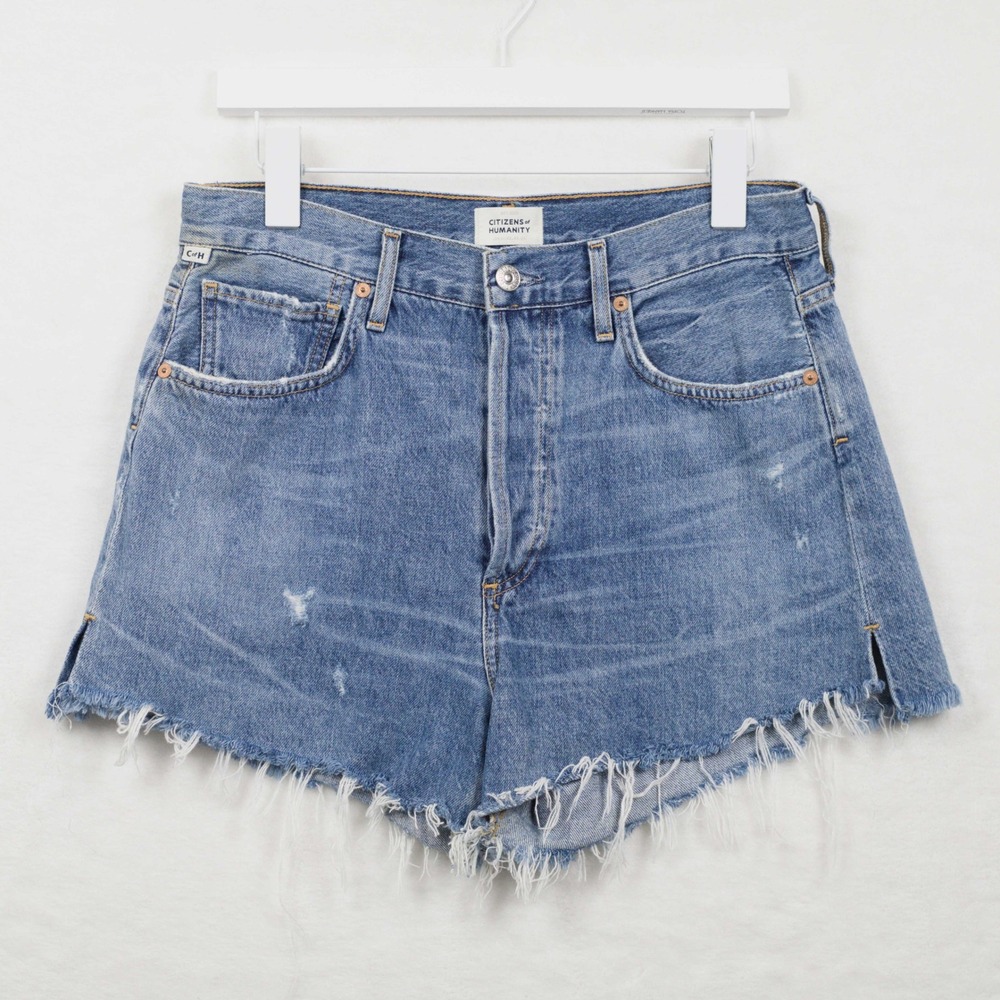 CITIZENS OF HUMANITY Marlow Raw Hem Denim Shorts Premium Distressed Blue Sz 27 - Picture 2 of 8